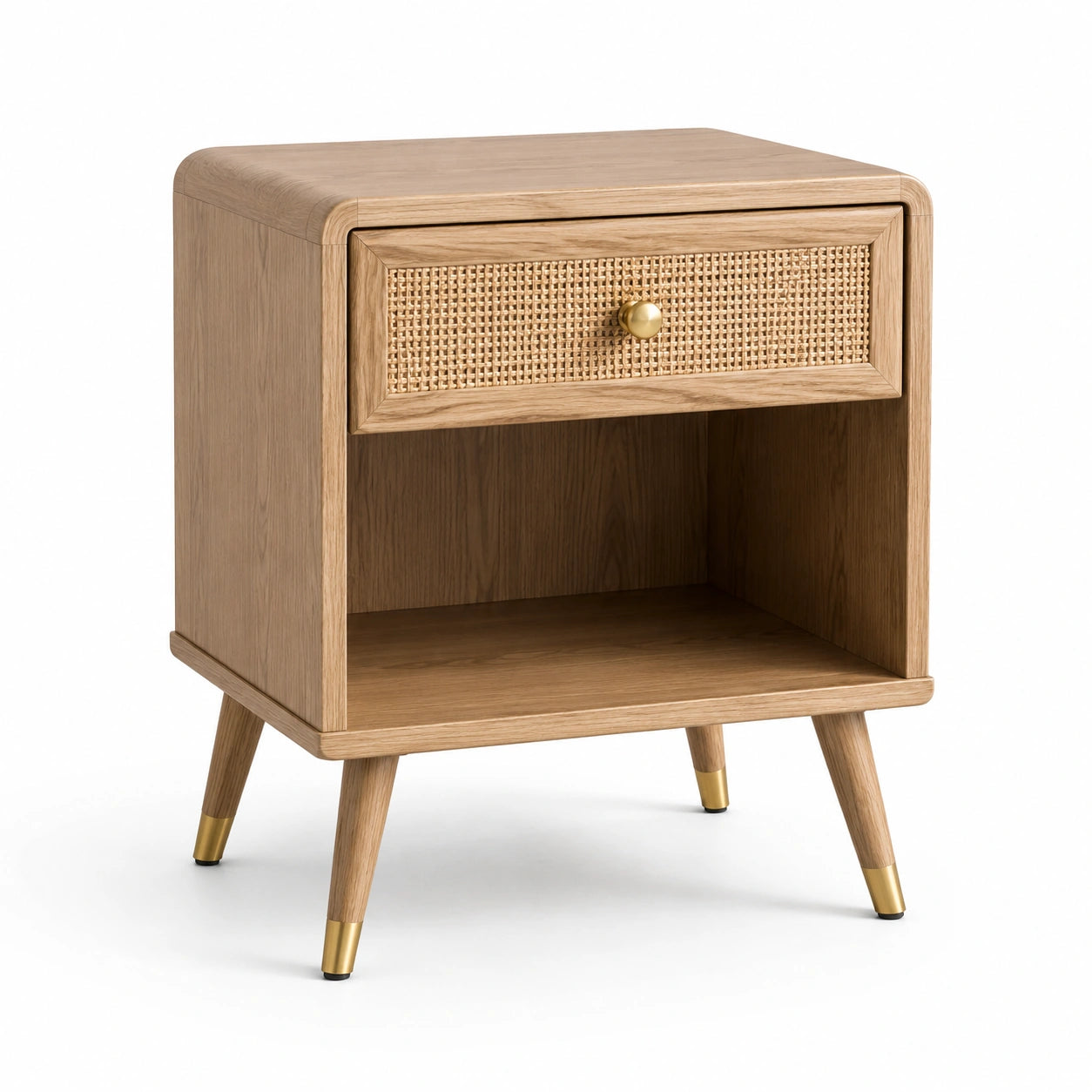 Mesita de noche de madera con cajón de ratán y patas de metal