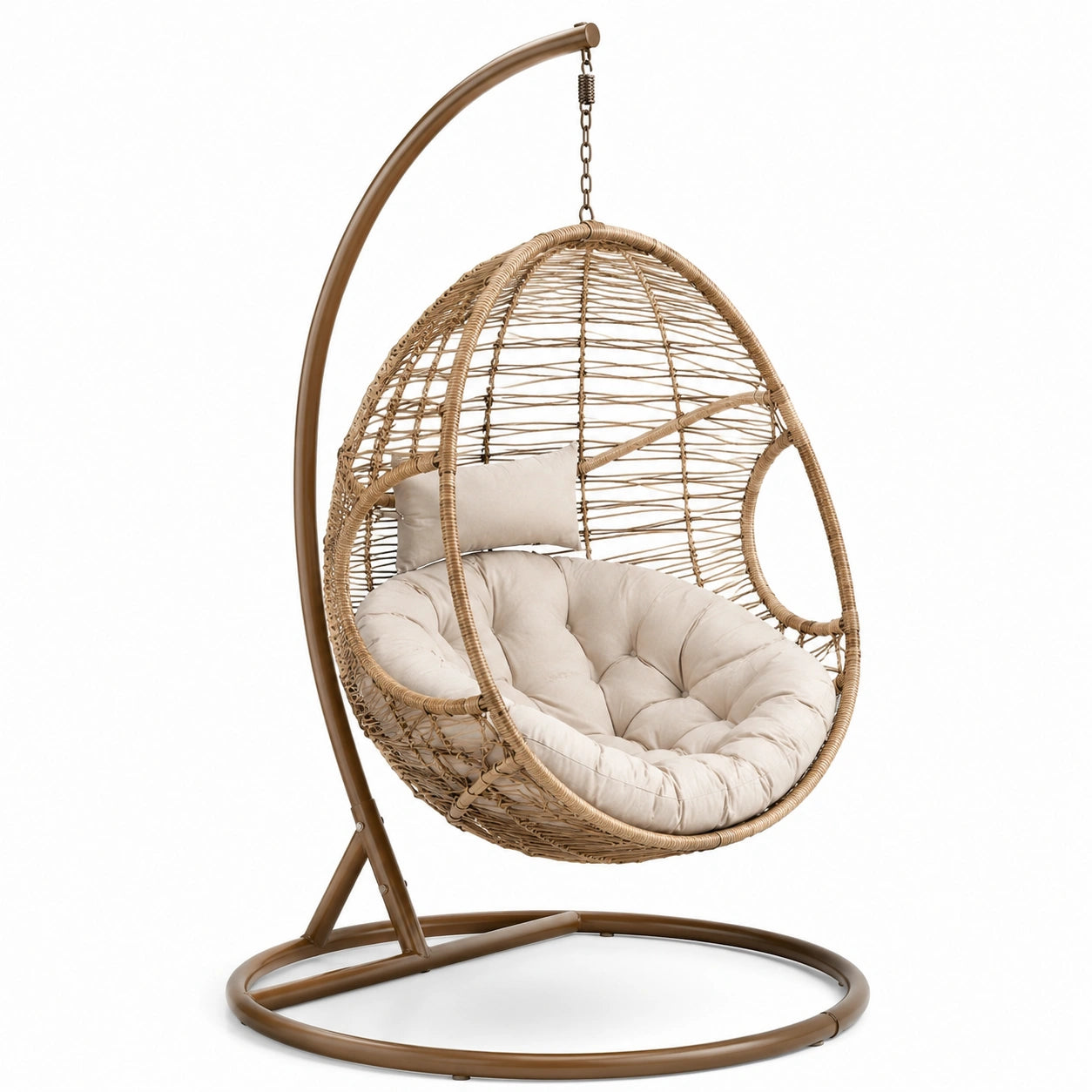 Sillón colgante de ratán con cojines de poliéster y estructura de metal
