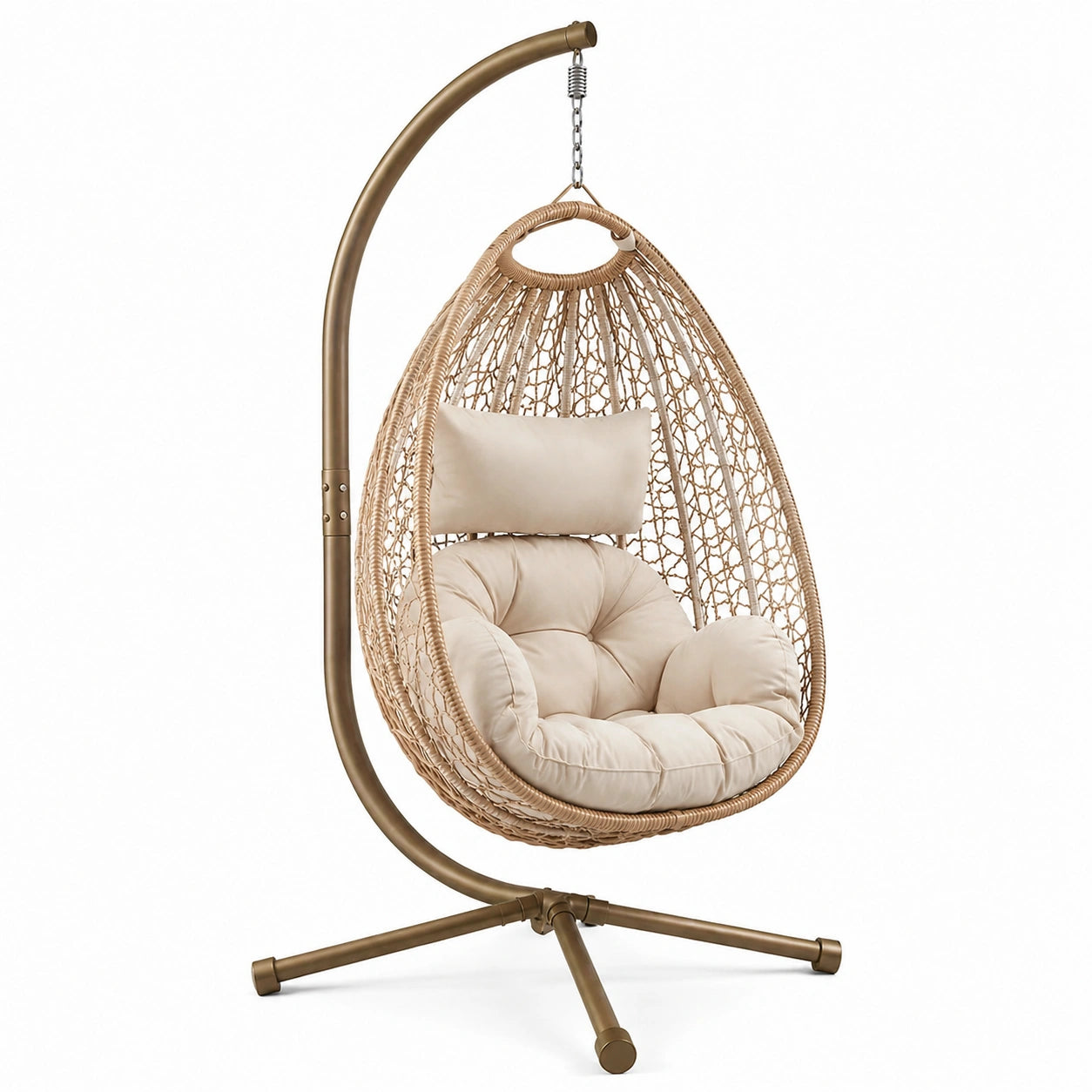 Sillón colgante de ratán sintético y estructura de acero con cojín beige