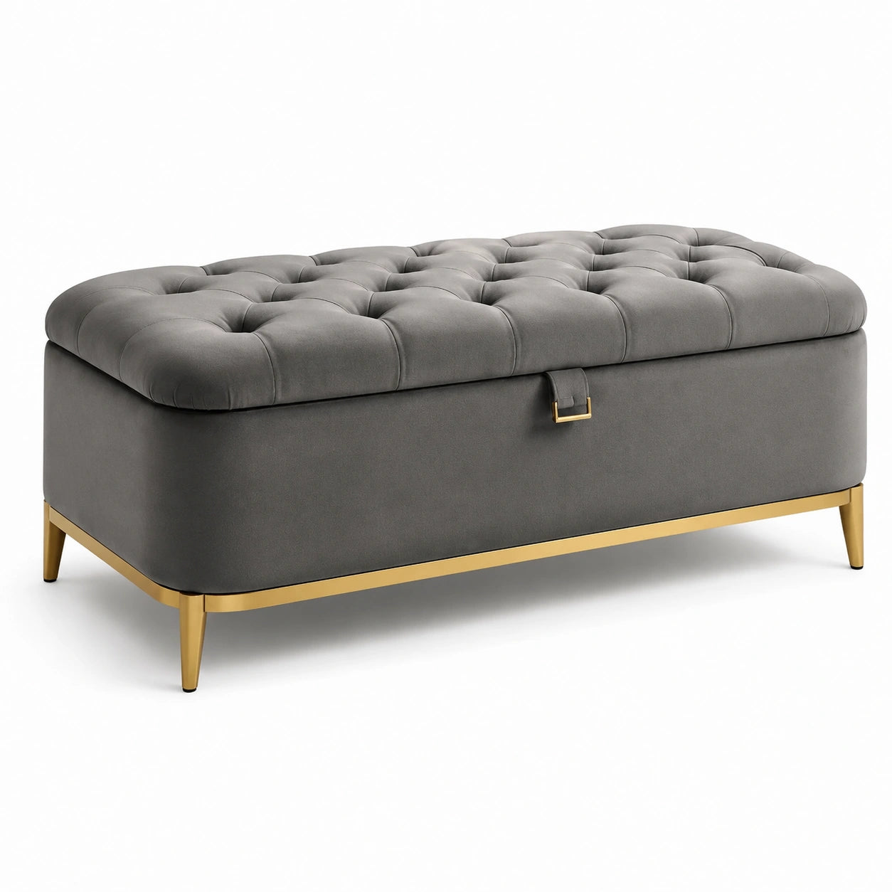Baúl de almacenamiento de terciopelo gris con patas de metal dorado