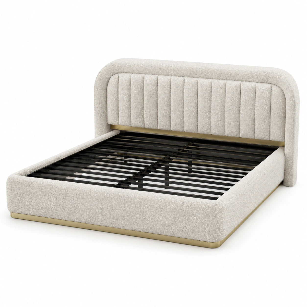 Cama doble tapizada beige con estructura metálica