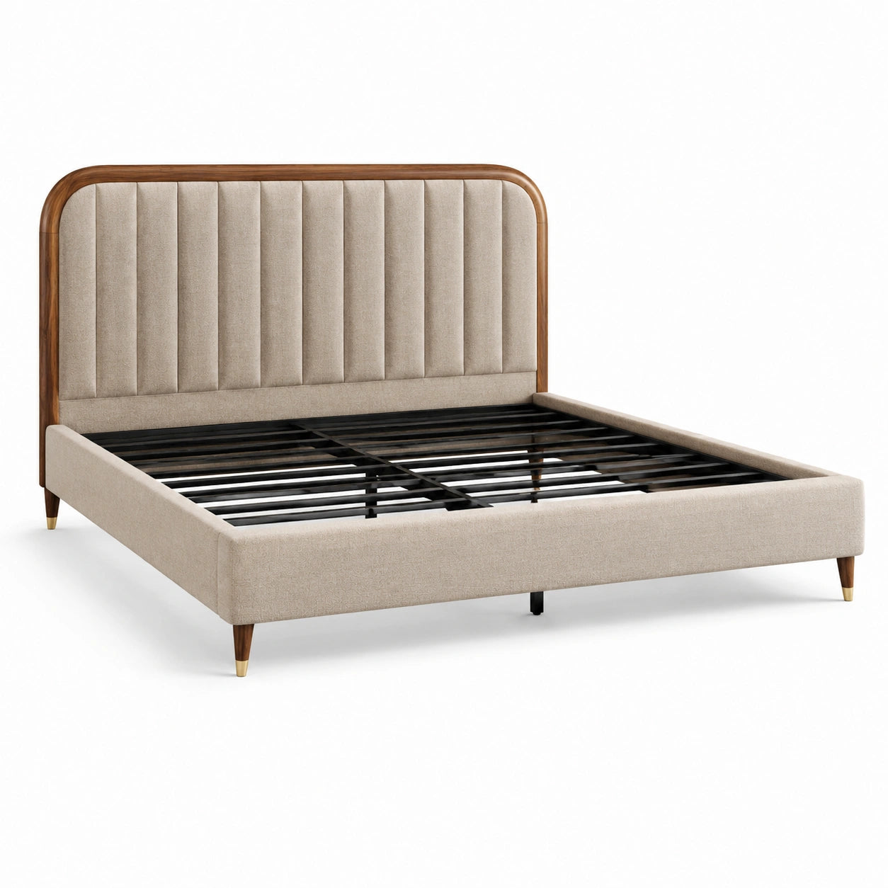Cama doble de madera y metal tapizada en lino beige 200x150 cm