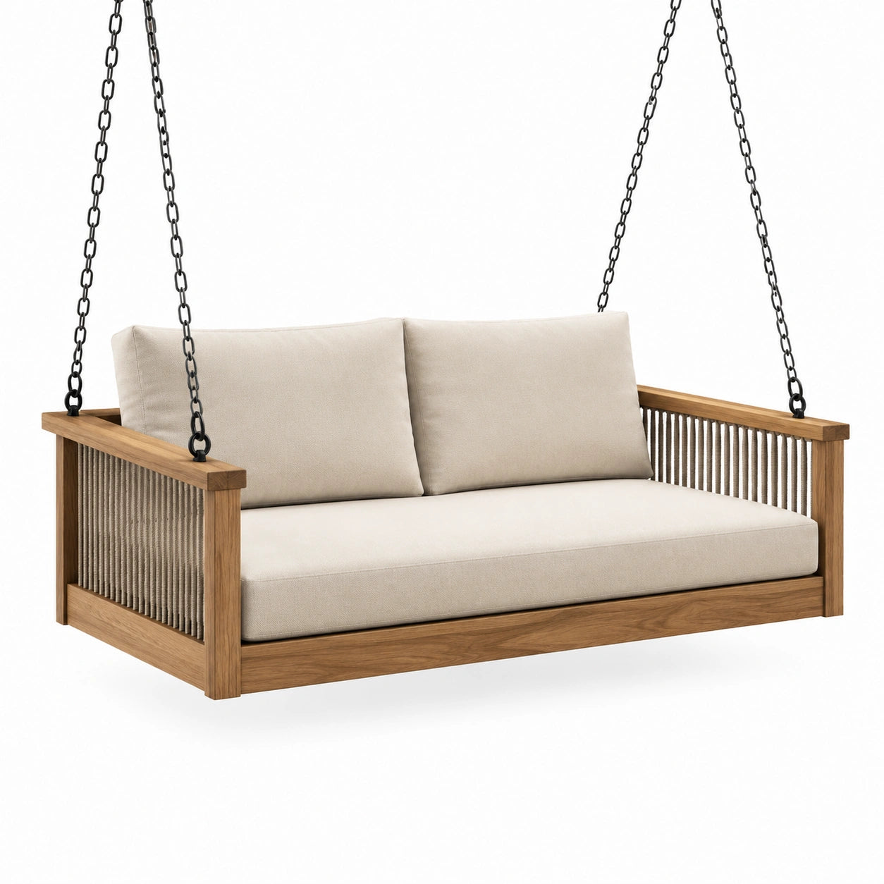 Columpio de porche de madera de teca con cojines beige