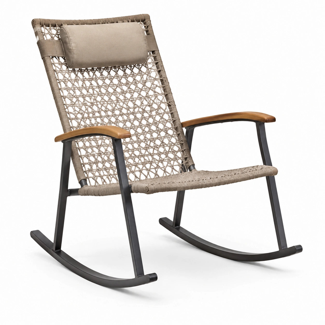 Mecedora de metal con asiento de cuerda de poliéster y reposabrazos de teca