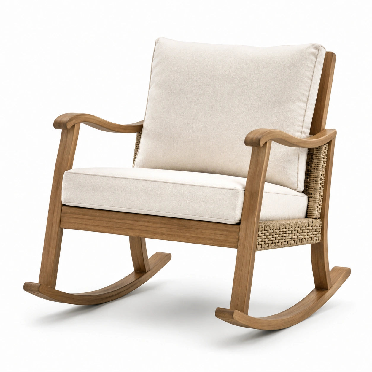 Mecedora de madera con cojines de algodón beige