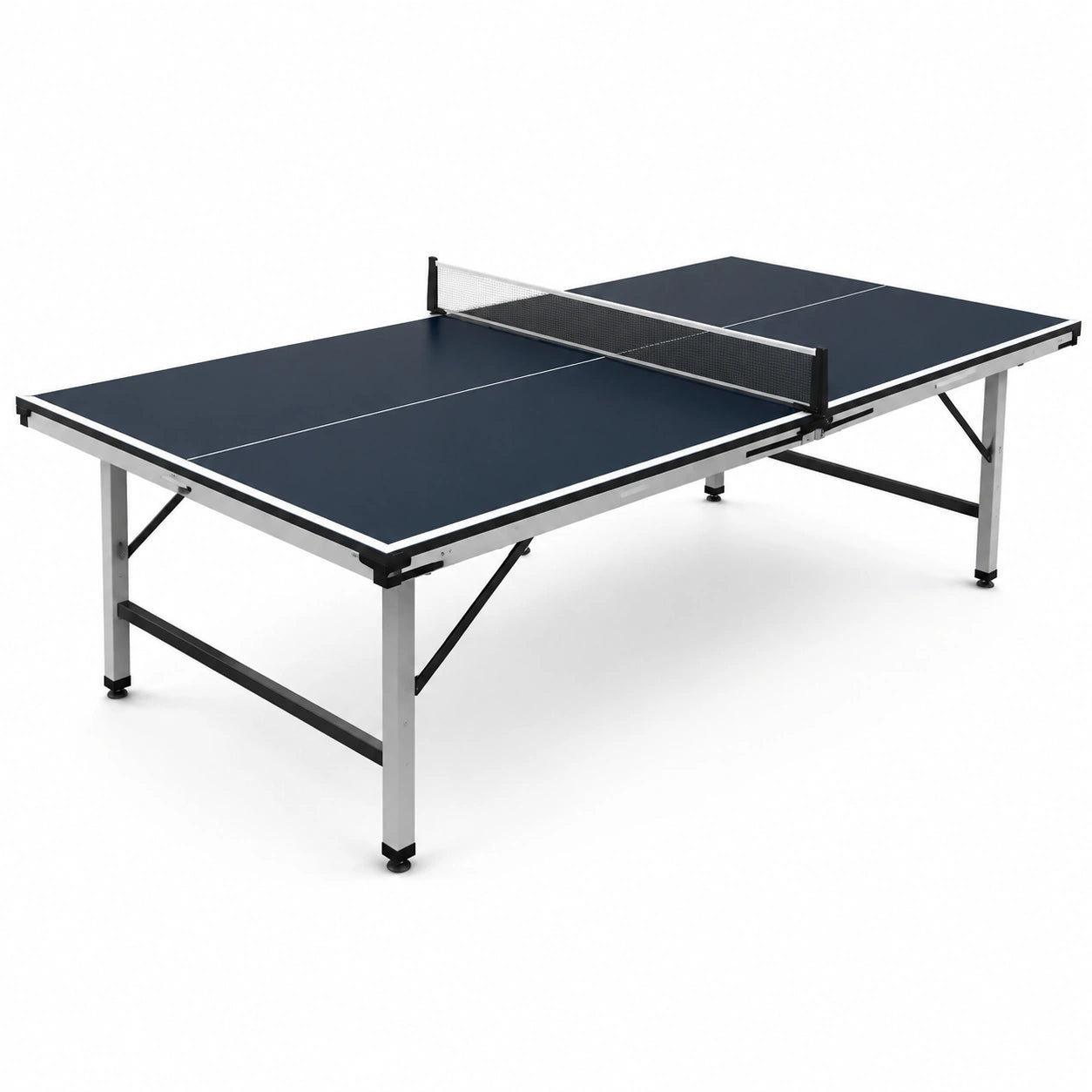Mesa de ping-pong plegable azul con estructura de metal